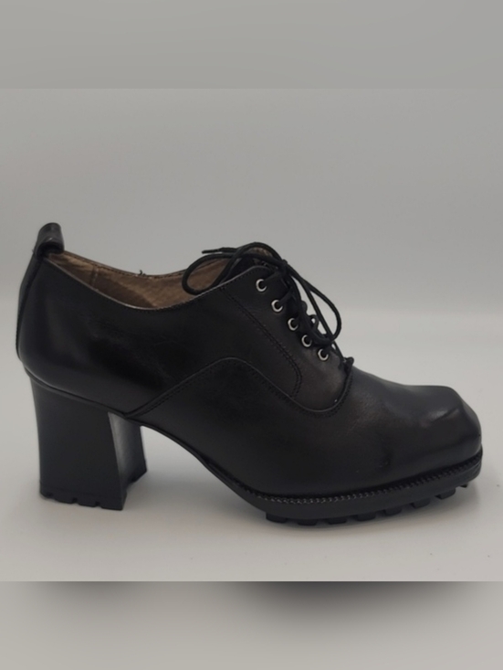 Bronx Shoes - BRONX by Dijkmans Black Leather Block Heel Oxfords • Lug Sole Size 37
